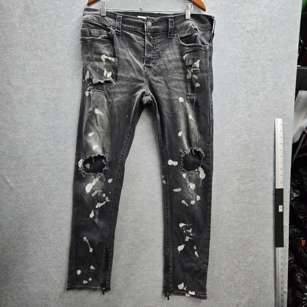 True Religion Men Jeans 36 Black Paint Splatter‎ Rocco Relaxed Skinny Grunge Y2K